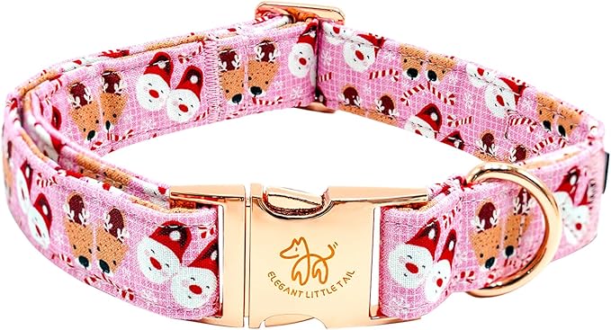 Elegant little tail Christmas Dog Collar, Pink Deer Print Pet Collar Dog Durable Cute Dog Collars Winter Holiday Male or Female Pet Gift Adjustable Dog Collar for Small Puppy