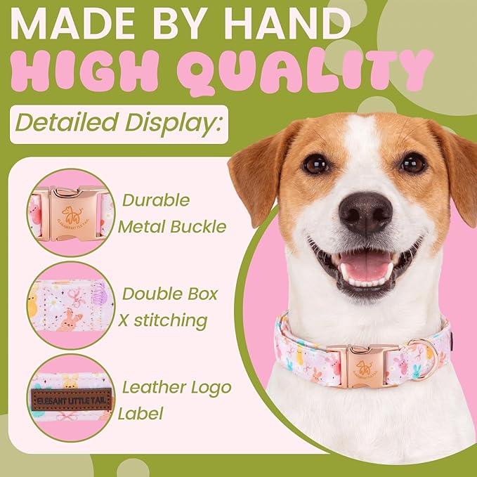 Elegant little tail Easter Dog Collar, Pink Bunny Floral Pattern Spring Pet Collars Gift Holiday Puppy Collars Soft Cotton Adjustable Dog Collar for Small Dogs