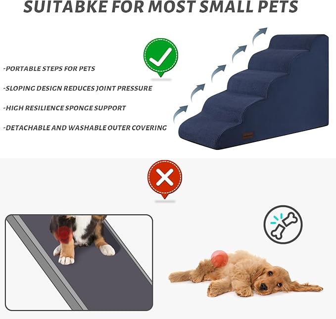5-Step Dog Stairs and Ramp for High Bed, Non-Slip Sturdy Pet Steps for Small Dogs and Cats,22.2" H,Blue