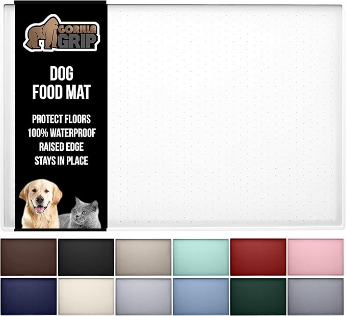 GORILLA GRIP 100% Waterproof Raised Edge BPA Free Silicone Pet Feeding Mat, Dog Cat Food Mats Contain Spills Protects Floors, Placemats for Cats and Dogs Water Bowl, Pets Accessories 18.5x11.5 White