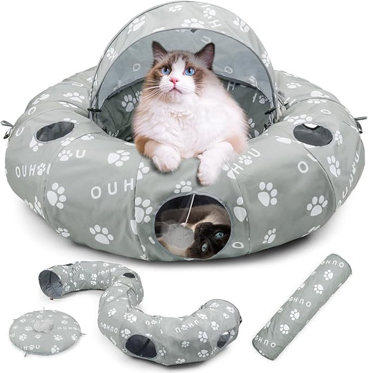 Cat Tunnel Bed for Indoor Cats, Donut Tunnel with Mat, Straight Tunnel, 4 Hanging Balls and Blackout Tent, Collapsible Peekaboo Cat Cave