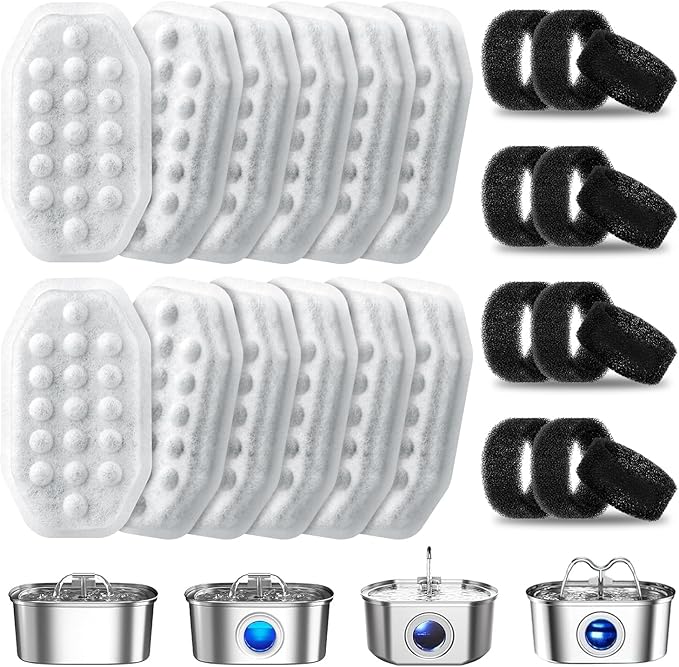 12 Pack Cat Water Fountain Filters with 12 Pack Pre-Filter Sponges, Pet Fountain Filter Replacement for 3.2L/108oz Automatic Pet Water Fountain
