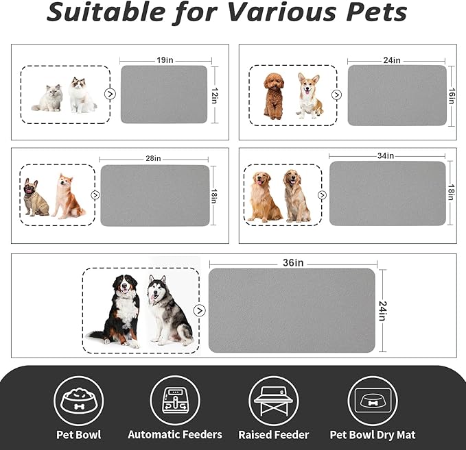 Dog Food Mat - Absorbent Cat Mat for Food and Water, No Stains Pet Feeding Bowl Mat, Easy to Clean Pet Placemats, Quick Dry Dog Water Dispenser Mat for Messy Drinkers | Grey 18"x 34"