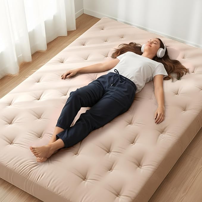 ZonLi Japanese Floor Futon Mattress Full Size 54"x 75",100% Cotton Cover 6'' Thicken Tatami Mattress,Foldable Sleeping Pad,Portable Dormitory Tatami Mat,Roll Up Floor Lounger Bed for Adult (Khaki)
