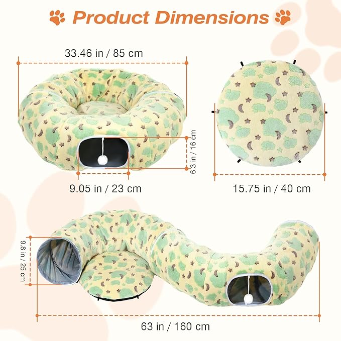 Cat Tunnels for Indoor Cats, 35'' Plush Cat Tunnel Bed with Playful Ball and Circle Cushion, Multifunctional Peekaboo Cat Cave, Interactive Toy Gift for Cats, Kittens, Rabbits, Yellow&Cloud