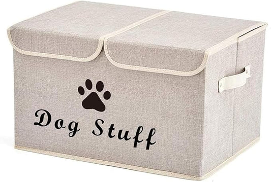 Geyecete Large Storage Boxes - Large Linen Fabric Foldable Storage Cubes Bin Box Containers with Lid and Handles for Dog Apparel & Accessories, Dog Clothing(Beige)