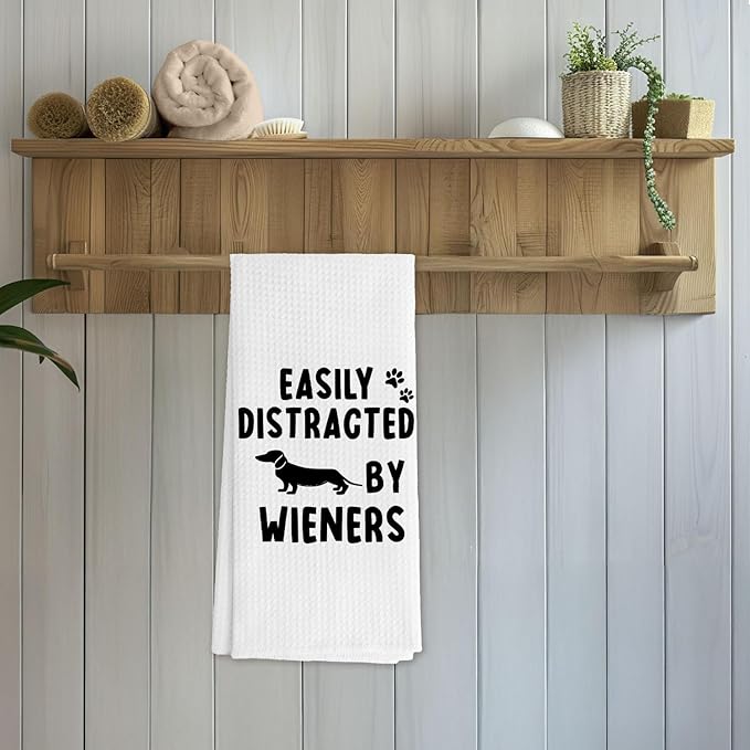 Weiner Dog Kitchen Towels, Dachshund Gifts for Women, Dachshund Dog Hand Towels, Easily Distracted by Wieners Decorative Dish Towels for Kitchen Decor, 16x24 Inch