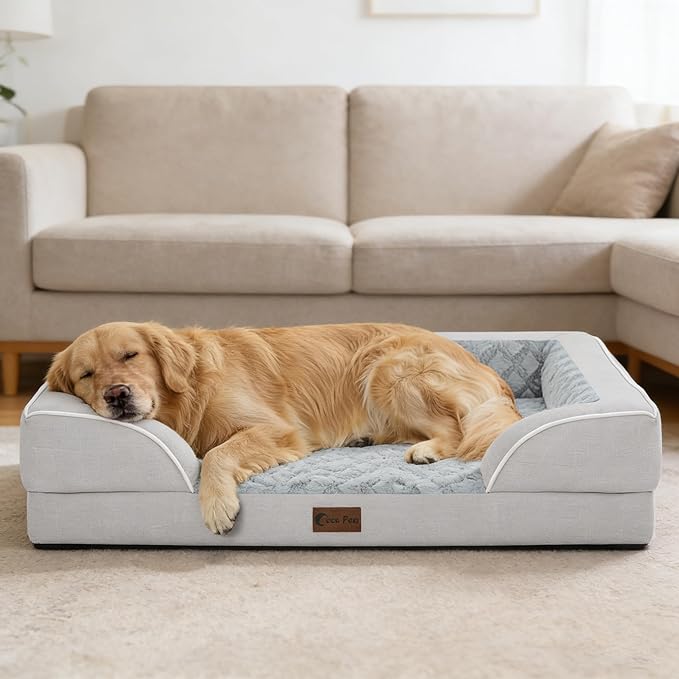 Orthopedic Dog Beds for Extra Large Sized Dogs, Waterproof Memory Foam XL Pet Bed with Sides 48x30Inch, Non-Slip and Egg-Crate Foam Big Dog Couch Bed with Removable Washable Cover, Light Grey