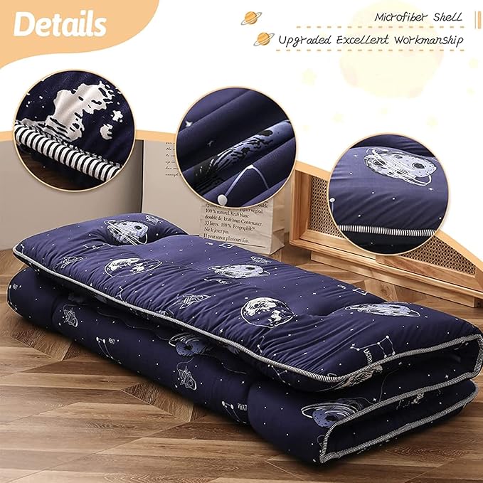 MAXYOYO Navy Space Adventure Japanese Floor Futon Mattress, Thicken Tatami Mat Sleeping Pad Foldable Bed Roll Up Mattress Floor Lounger Bed Couches and Sofas for Kids Queen Size