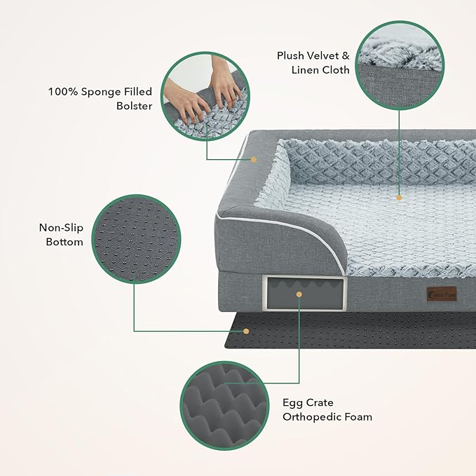 Orthopedic Dog Beds for Extra Large Sized Dogs, Waterproof Memory Foam XL Pet Bed with Sides 48x30Inch, Non-Slip and Egg-Crate Foam Big Dog Couch Bed with Removable Washable Cover, Grey