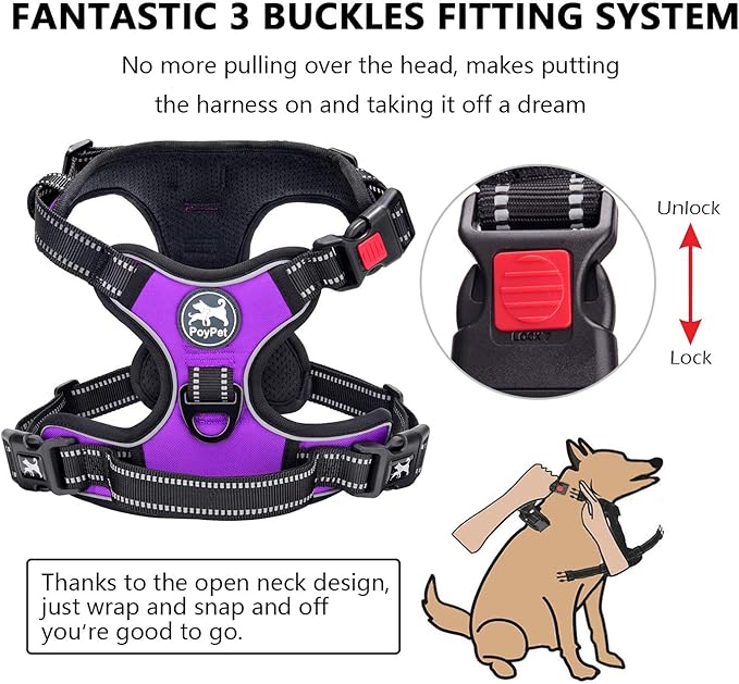 PoyPet No Pull Dog Harness, No Choke Front Clip Dog Reflective Harness, Adjustable Soft Padded Pet Vest with Easy Control Handle for Small to Large Dogs(Purple,L)