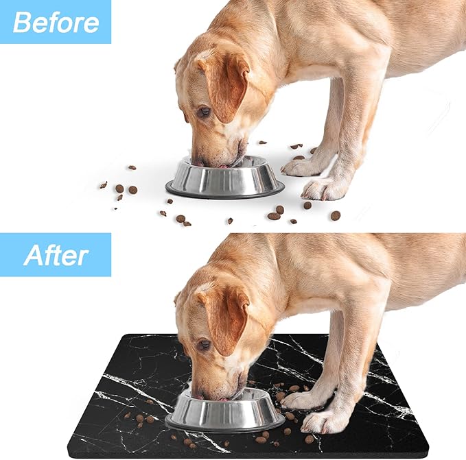 Rnivvi Dog Food Mat, 16" x 24" Marble Absorbent Dog Cat Bowl Mat for Food and Water, Cute Anti-Slip Rubber Pet Feeding Rug Protect Floors, Puppy Placemat for Feeding & Watering Supplies, Black