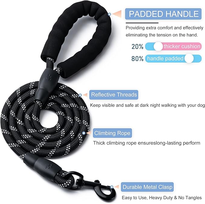 2 Pack Dog Leash, 4/5//6 FT Heavy Duty Nylon Rope Pet Leashes with Comfortable Padded Handle, Reflective Dog Leashes for Small Medium and Large Dogs (6FT-1/2,Black/Purple)
