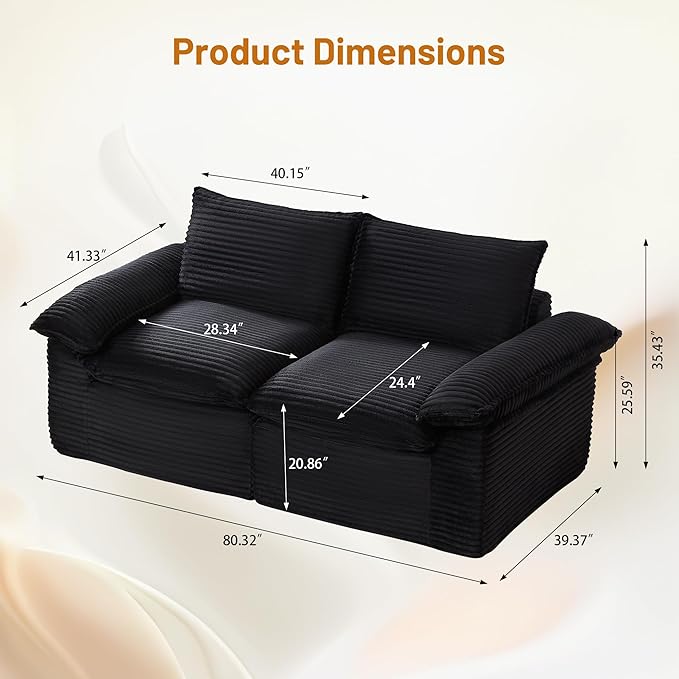 80" Cloud Loveseat Sofa, Boneless Couch Sofa in A Box for Living Room, Modern Modular Sectional Sofas 2 Seat Couch Foam Comfy No Assembly Cloud Couches with Throw Pillows for Bedroom, Dorm，Black