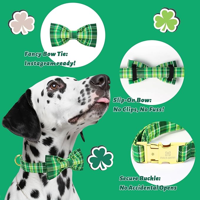 Maca Bates St. Patrick's Day Irish Plaid Dog Collar with Fancy Bow Tie,Shamrock Green Gingham Pattern for Large Girl Boy Dogs,Adjustable Durable Soft Collars Gift for Male Female Puppy