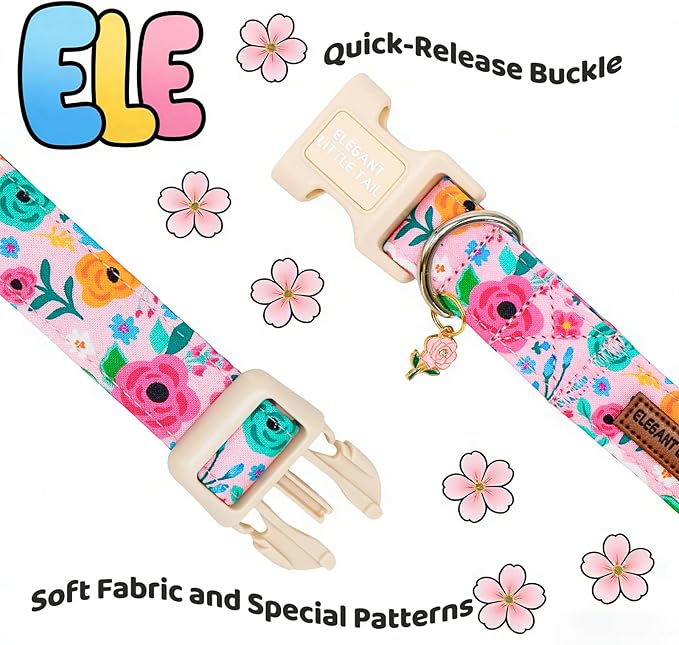 Elegant little tail Dog Collar, Pink Flower Print Spring Soft Cotton Puppy Collars Adorable Female Pet Gift Lightweight Plastic Adjustable Dog Collar for Small Dogs