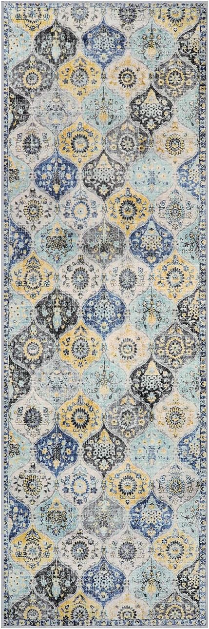 Lahome Moroccan Washable Hallway Runner Rug, 2'5''x8' Ultra-Thin Carpet Runners for Hallways Kitchen, Oriental Vintage Non-Slip Laundry Room Rug for Entryway Bedroom Bathroom, Yellow/Aqua