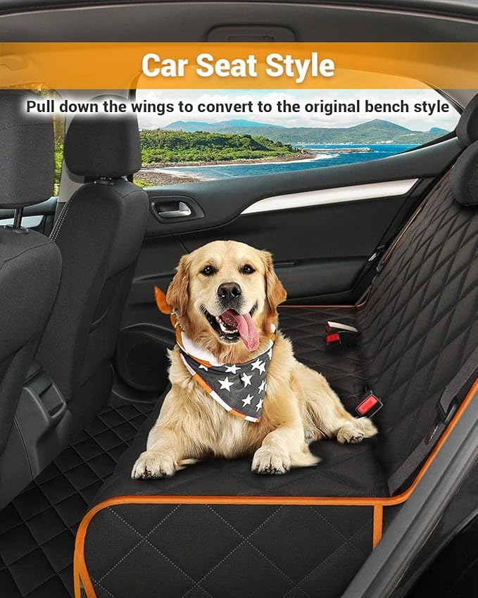 Dog Car Seat Cover, 600D Heavy Durable Dog Seat Cover for Back Seat, 100% Waterproof Scratch Proof Nonslip Dog Hammock for Car with Side Flap, Pet Seat Covers with SeatBelt for Cars Sedan SUV Trucks