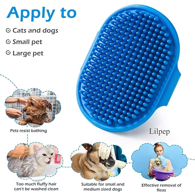 Dog Grooming Brush, Lilpep Pet Shampoo Bath Brush Soothing Massage Rubber Comb with Adjustable Ring Handle for Long Short Haired Dogs and Cats (Blue, pack of 1)