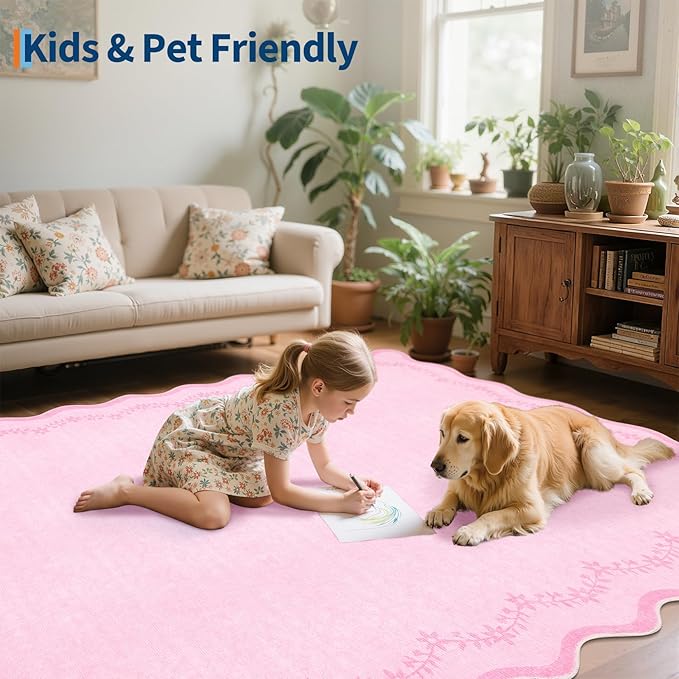 GarveeHome 6x9 Scalloped Area Rug Pink Washable Rugs for Living Room Bedroom, Soft Low Pile Non Slip Accent Floor Mat Solid Floral Print Throw Rug Farmhouse Indoor Carpet for Dorm Playroom