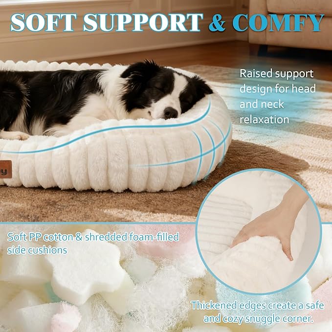 Orthopedic Dog Bed for Large Dogs, Comfort-Sided Calming Pet Bed with Breathable Memory Foam, Plush Faux Rabbit Fur & Non-Slip Bottom, Machine Washable with Carry Handle, 35"x27"x5.5", Cream