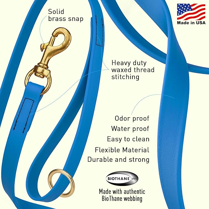Viper Biothane K9 Working Dog Leash Waterproof Lead for Tracking Training Schutzhund Odor-Proof Long Line with Solid Brass Snap for Puppy Medium and Large Dogs 4ft, Cerulean Blue