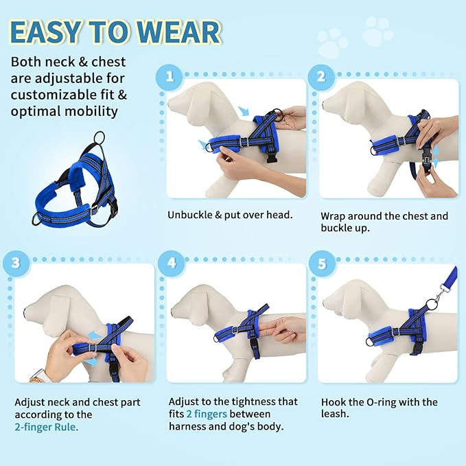 Lukovee No Pull Dog Harness and Leash Set, Soft Padded Small Dog Harness, Neck & Chest Adjustable Reflective Vest Puppy Harness with 4ft Lightweight Anti-Twist Dog Leash for Small Dogs (Blue, Large)