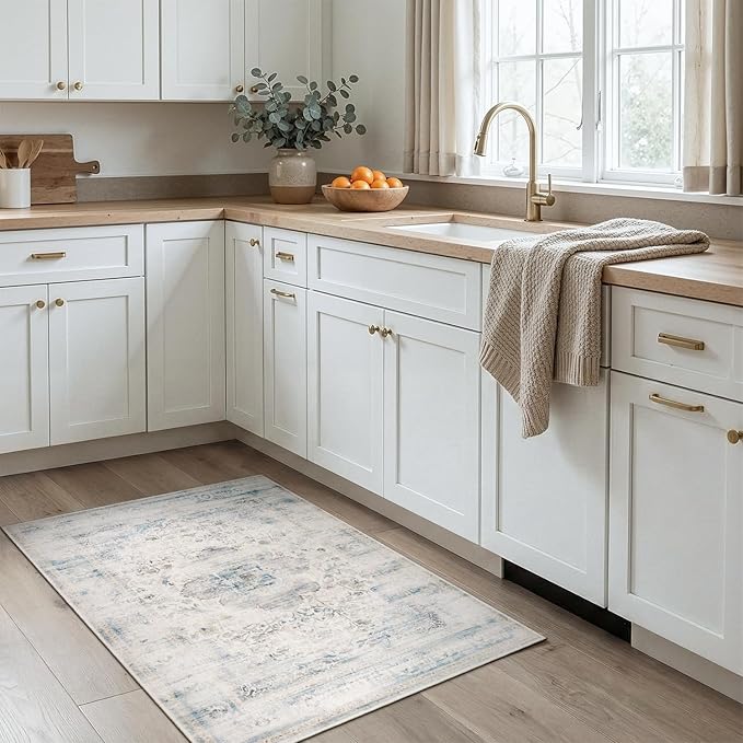DCX 3x5 Haze Blue Rug, Machine Washable Stain Resistant Distressed Vintage Rug, Kid & Pet Friendly with Rubber Back Non Slip Soft Low Pile Large Carpet for Living Room, Bedroom, Home Office
