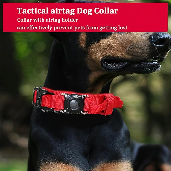 Xqpetlihai Upgraded AirTag Dog Collar Waterproof Tactical Dog Collar with AirTag Holder Heavy Duty Dog Collars for Large Dogs(Red，M