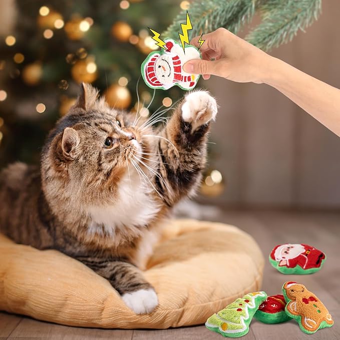 Retro Shaw Christmas Cat Toys, Xmas Catnip Toys for Indoor Cats Kitten Teeth Cleaning, Crinkly Interactive Cat Chew Nip Kitty Kicker Toy Santa Claus Trees Snowman, 5 Pack