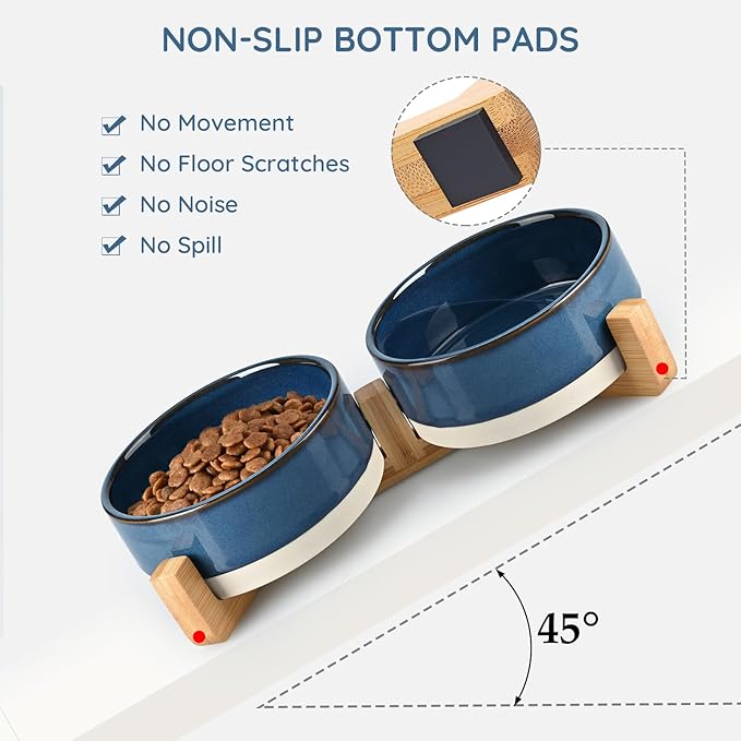 SPUNKYJUNKY Ceramic Dog and Cat Bowl Set with Wooden Stand, Modern Cute Weighted Food Water Bowl Set for Small Size Dogs (1.7 Cups, 2 × Pattern Blue)