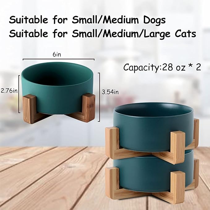 Petygooing Ceramic Dog Cat Bowl Set with Stand,Medium Dog Bowls,Pet Food and Water Dish, Anti -Slip Set of 2 Cat Bowls-Pet Food Bowl- Pet Dish Small Medium Size Pet (28 OZ /3.6 Cups) Green