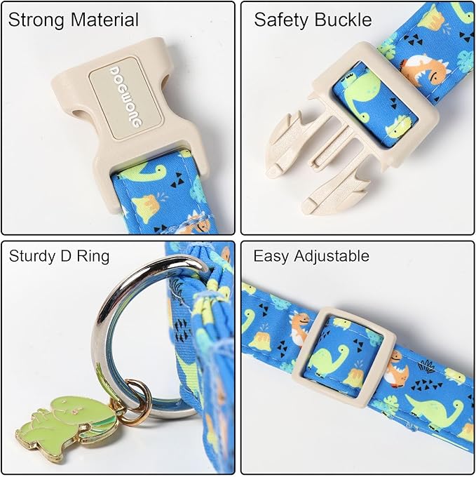 DOGWONG Blue Dog Collar Adjustable Soft Natural Fabric Boy Pet Dog Collar Cute Dinosaur Puppy Collars for Small Medium Large Dogs