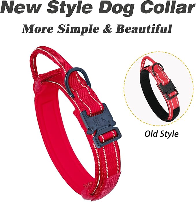 AUBELL Reflective Tactical Dog Collar,Adjustable Military Heavy Duty K9 Collars with Handle and Quick Release Metal Buckle Great for Large Dogs, with Airtag Case and 2 Patches (Red,L)
