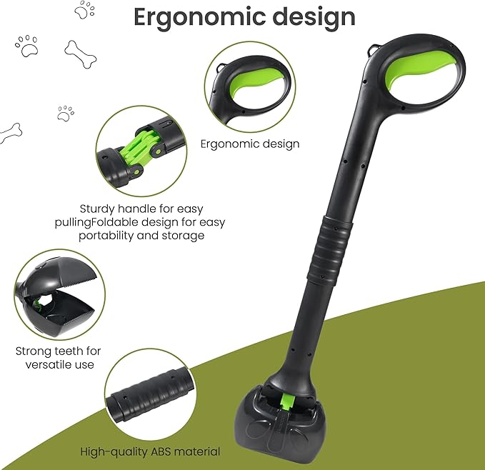 28 Inch Handle Dog Pooper Scooper Portable with Bag Attachment, One Handed Foldable Design, Includes 120 Waste Bags and Dispenser for Grass Yard Gravel Cleanup