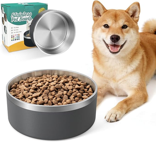 IKITCHEN Dog Bowl for Food and Water, 64 Oz Stainless Steel Pet Feeding Bowl, Durable Non-Skid Insulated Heavy Duty with Rubber Bottom for Medium Large Sized Dogs (64 Ounces/8 Cup, Grey)
