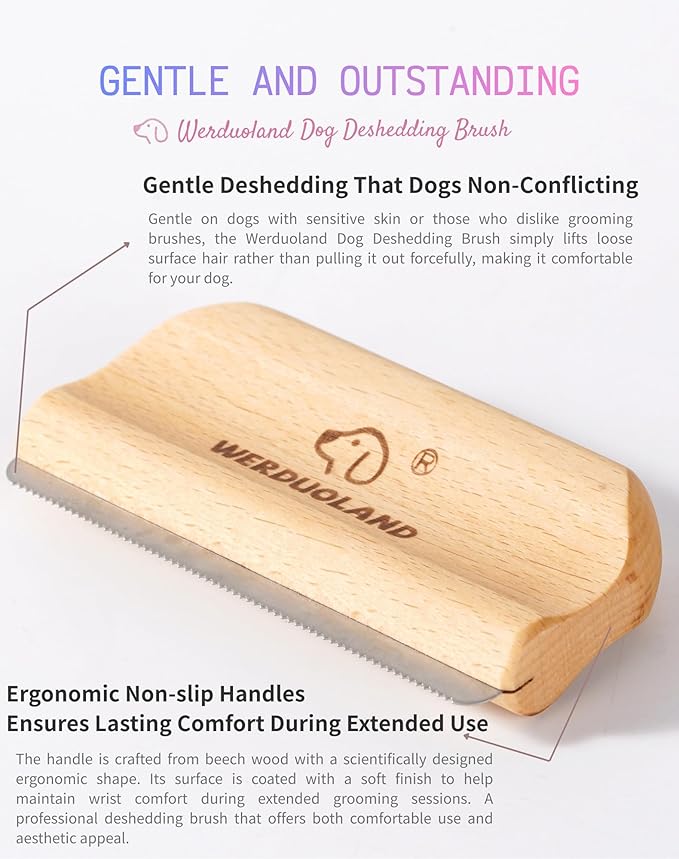 Gentle Deshedding Brush for Short, Medium & Long Hair Dog——Wooden Handle, Ergonomic Pet Deshedding Grooming Tool (natural)