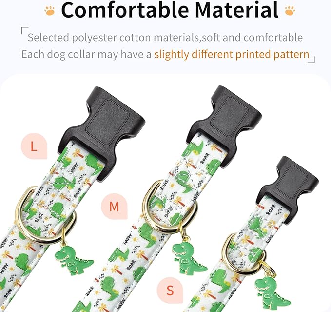 Cotton Dog Collar,Adjustable Cute Puppy Collar with Moon Patterned Design for Small Medium Large Dogs,Soft and Fancy Pet Collar with Safety Buckle for Girl Boy Dogs (Green Dinosaur, S)