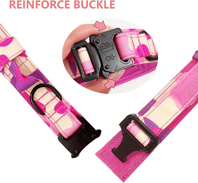 Xqpetlihai Tactical Dog Collar Adjustable Military Nylon Dog Collar with Control Handle and Heavy Duty Metal Buckle for Medium and Large Dogs (Pink Camo,S)