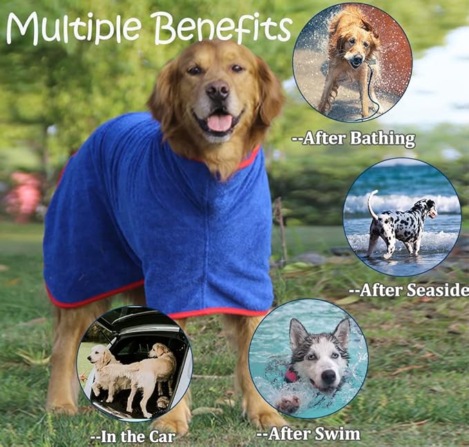 Dog Drying Coat - Fast Drying Dog Towel Robe - Microfiber Super Absorbent Pet Bathrobe, Adjustable Collar & Belly Strap Fast Drying Coat Pet Dog Cat Bath Robe Towel
