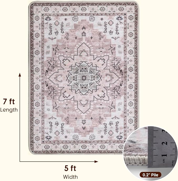 LBRO2M Boho Area Rug 5X7 Washable Rugs for Bedroom Low Piles Indoor Rugs, Non Slip Soft Rug for Living Room, Dining Room, Pink Rug Foldable Pet Friendly Area Rugs Stain Resistant (5'X7' Pink)