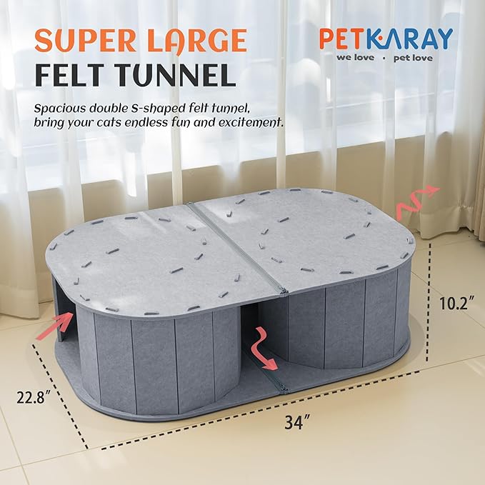 PETKARAY Large Felt Cat Tunnel, Double S-Shaped Hideaway for Indoor Cats, Interactive Cat Bed Cave and Hideout, 34x22.8x10.2 inches Grey