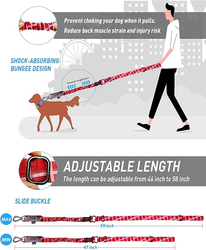 Hotsky Tactical Dog Leash Heavy Duty for Medium Large Dogs That Pull,4-6Ft Strong Bungee Shock Absorbing No Pull Dog Leash with Padded Double Handle and Car Seatbelt,Red Plaid
