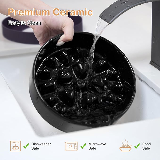 Sted Ceramic Slow Feeding Dog Bowl with Silicone Base, Small Medium Breed, Slow Down Eating, Puzzle Dog Food Bowl, Maze Black
