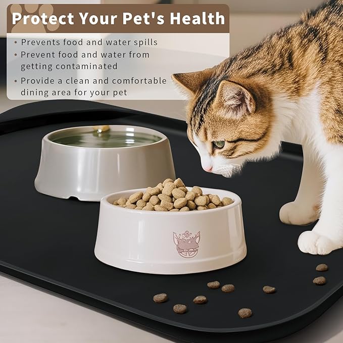 Silicone Pet Food Mat with Raised Edge for Food and Water Bowl, Dog Feeding Mats, Cat Food Trays for Floor Waterproof, Rubber Tray for Dogs and Cats, 24 x 16 x 0.8 Black