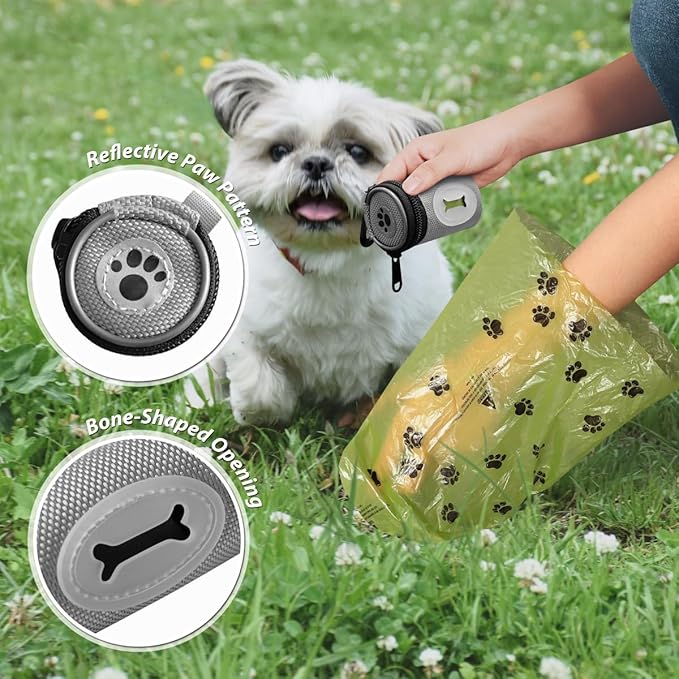 Glow Dog Poop Bag Holder for Leash Doggie Waste Bag Dispenser Puppy Potty Carrier Small Doggy Zipper Pouch with Carabiner Clip 1680D Nylon Oxford with 1 Roll of Pet Trash Bags, Silver