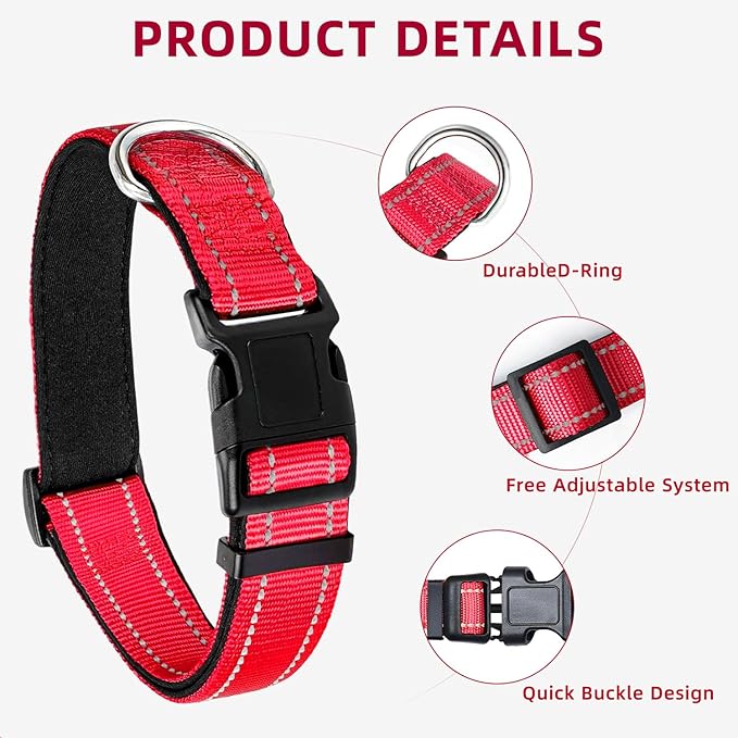 Reflective Dog Collar for Extra Large Dogs, Adjustable Collar with Soft Neoprene Padded, Durable Buckle for Daily Walking,Red,XL