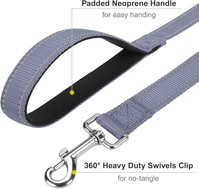 Reflective Dog Leash 6ft Soft Padded Handle Nylon Lead for Medium & Large Dogs, Durable Walking Training Leash for Night Safety (Gray,1Inch Wide)