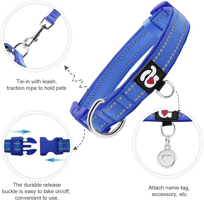 azuza Reflective Dog Collar,Soft Neoprene Padded Pet Collar with ID Tag Ring,Adjustable for Small Dogs,Royal Blue,S