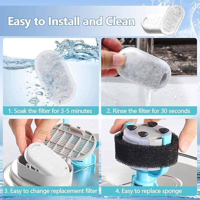 16 Pack Cat Water Fountain Filters Replacement for 108/3.2L & 67oz/2L Stainless Steel Pet Dispenser, 8 Filters with 8 Sponges Pet Fountain Filter Replacement